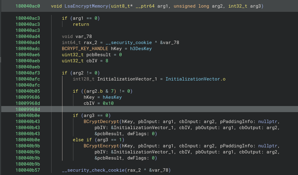 Encryption algorithm selection from LsaEncryptMemory (lsasrv.dll, Windows build 19044)