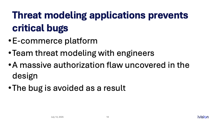 Slide discussing threat modeling in e-commerce, highlighting prevention of critical bugs through team collaboration, uncovering authorization flaws, and resulting in bug avoidance.