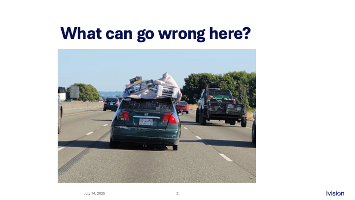 A green car on a highway carrying an overloaded roof with items secured by a tarp and rope. The caption asks, "What can go wrong here?" indicating potential safety hazards.