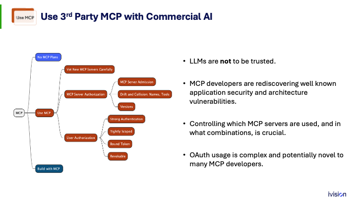 A slide titled "Use 3rd Party MCP with Commercial AI" featuring a mind map and bullet points. The map outlines steps for using MCP with commercial AI, discussing server authorization, authentication, and security. Bullets emphasize distrust of LLMs, security, server control, and OAuth complexities.