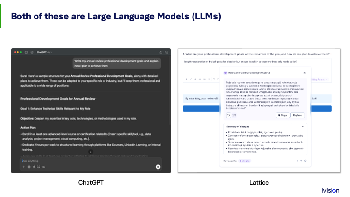Side-by-side comparison of ChatGPT and Lattice user interfaces, both labeled as Large Language Models (LLMs), with visible text boxes and examples of professional development goal generation.