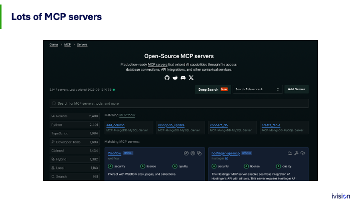 Screenshot of a website titled 'Open-Source MCP servers' displaying a list of available servers with categories like Remote, Python, and Developer Tools. Includes search options, server stats, and matching MCP tool recommendations.